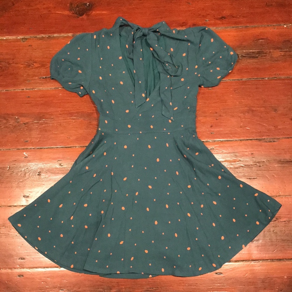 Free People Abbie Teal and Orange Tie-Neck Dress